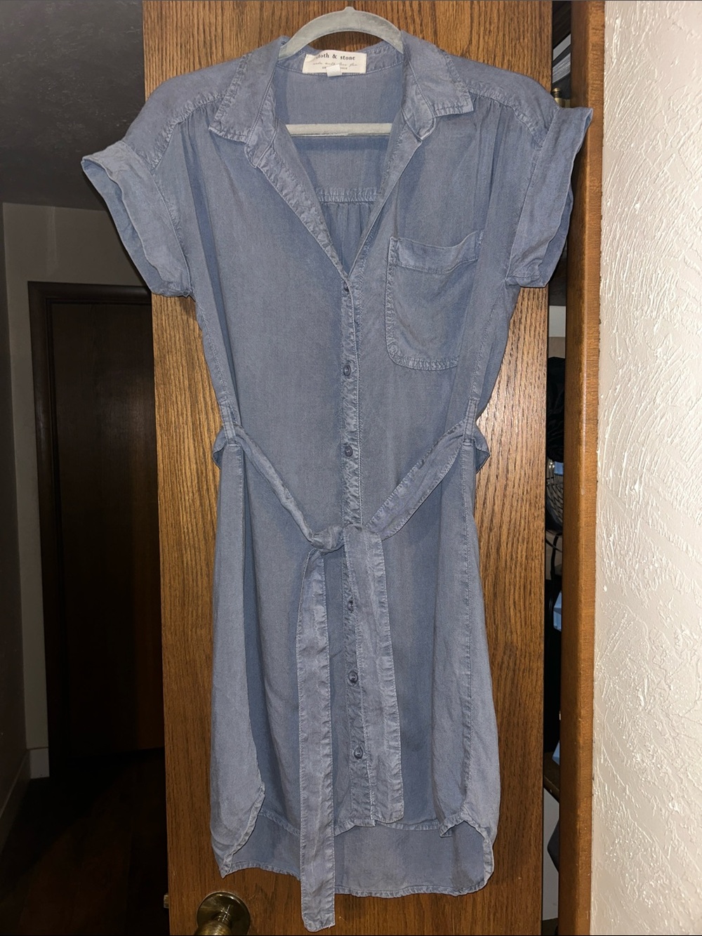 cloth & stone Light Blue Button-Front Midi Shirt Dress with Tie